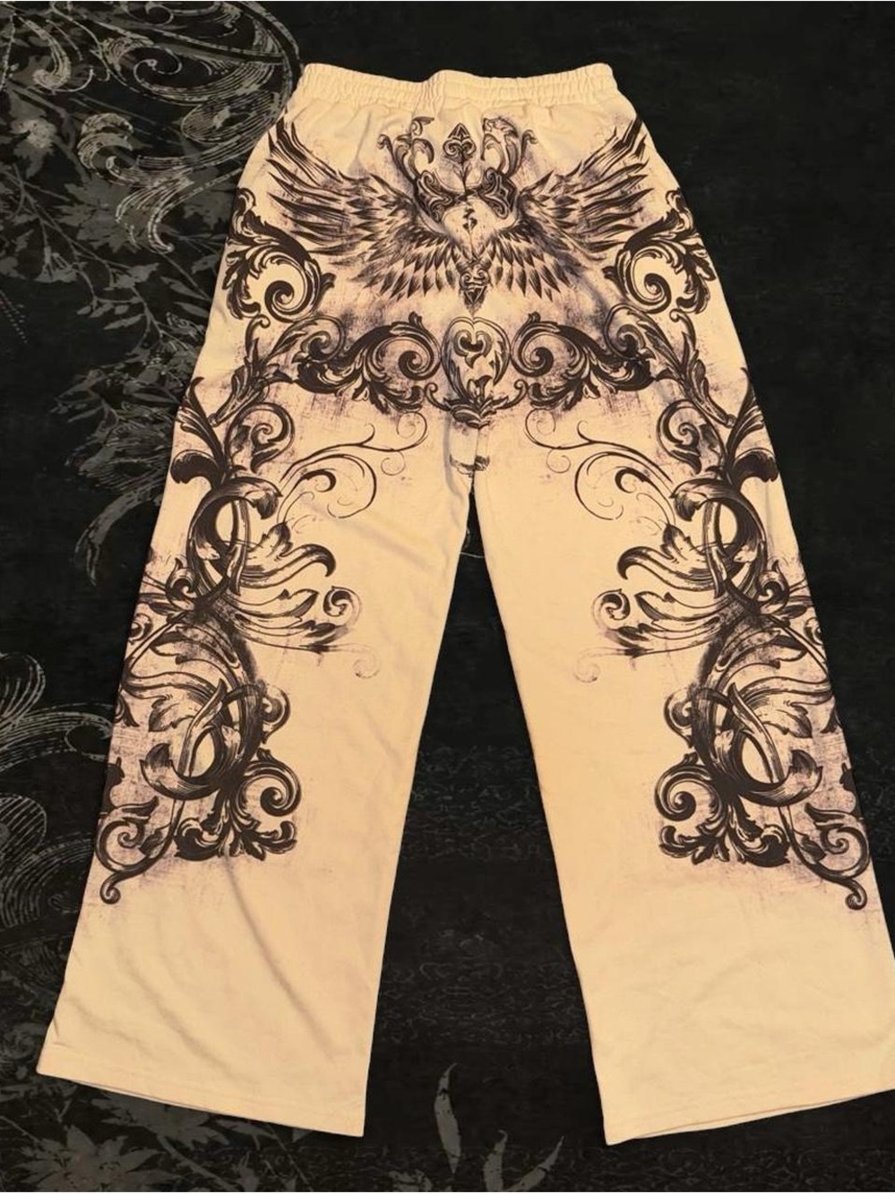 Cream & gothic black ornate cybersigilism graphic wide leg sweatpants